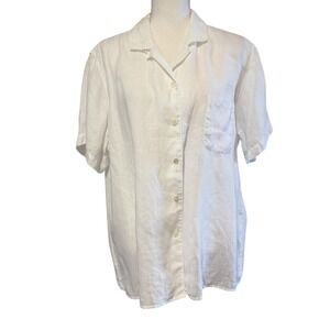 LL Bean Womens XL White 100% Linen Short Sleeve Button Down Camp Shirt 0VQ64